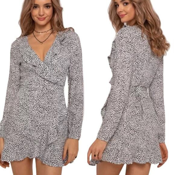 La Roque Cindy Ruffled V Neck Long Sleeve Mini Dress Abstract Black Womens Small - Picture 1 of 12